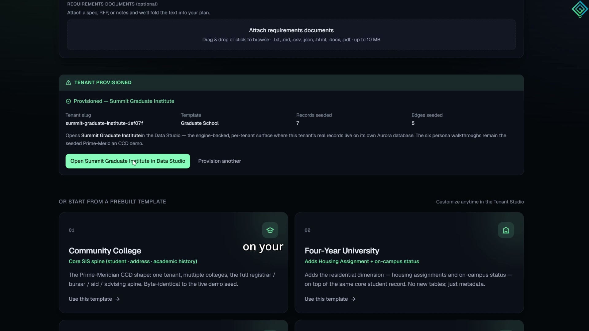 Meridian tenant studio — provisioning a live tenant and querying records in plain language.
